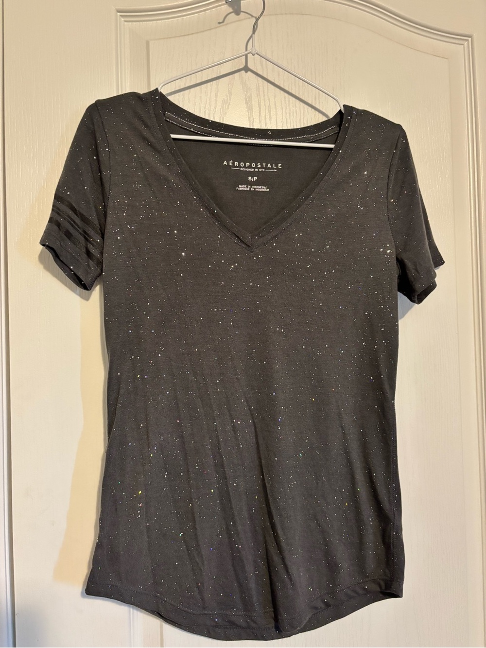 Aeropostale Women's Charcoal V‑Neck Glitter Short Sleeve Tee